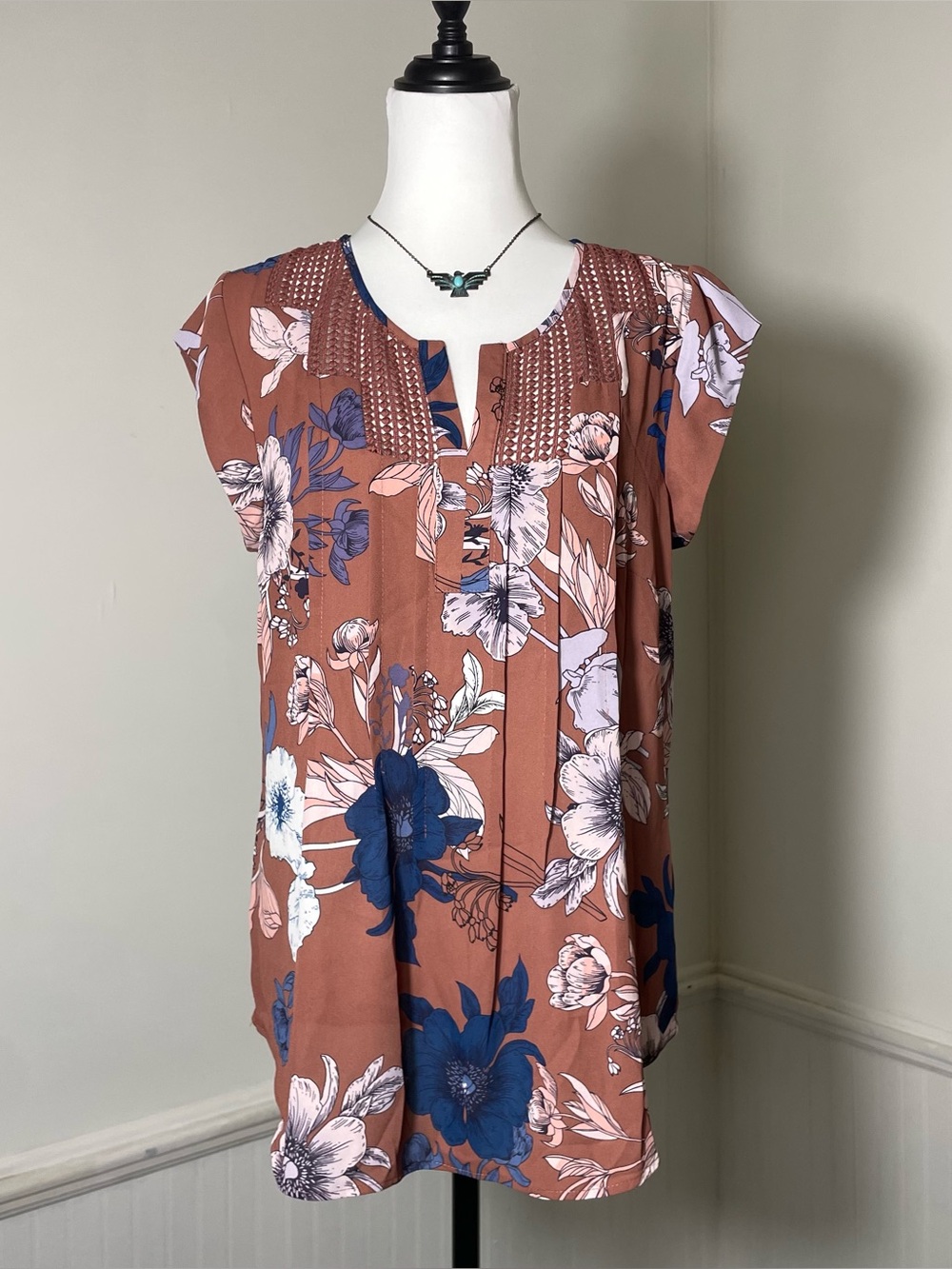 Daniel Rainn - Burgundy Blue Estefany Lace Detail Split Neck Blouse